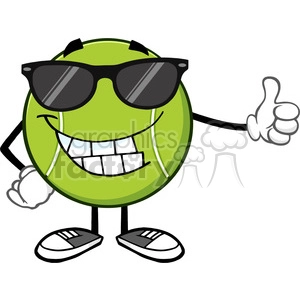 smiling tennis ball cartoon mascot character with sunglasses giving a thumb up vector illustration isolated on white