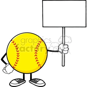 softball faceless cartoon mascot character holding a blank sign vector illustration isolated on white background