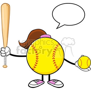 softball girl faceless cartoon mascot character holding a bat and ball with speech bubble vector illustration isolated on white background