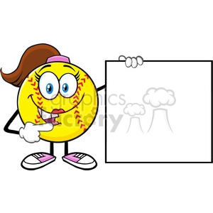 cute softball girl cartoon mascot character pointing to a blank sign vector illustration isolated on white background