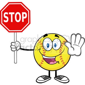 funny softball cartoon mascot character gesturing and holding a stop sign vector illustration isolated on white background
