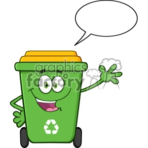 Happy Green Recycle Bin Cartoon Mascot Character Waving For Greeting With Speech Blank Bubble Vector