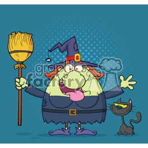 Happy Witch Cartoon Mascot Character Holding A Broom With Black Cat Vector With Halftone Background