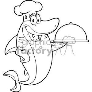 The image shows a humorous cartoon drawing of a shark character. The shark is standing upright and wearing a chef's hat. It has a wide smile, showing its teeth, and is holding a serving tray with a metal dome cover on top, suggesting the shark is serving food. The characterization is friendly and whimsical, which makes it suitable for children's content or to add a fun element to culinary-themed designs.