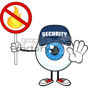 Blue Eyeball Cartoon Mascot Character Security Guard Gesturing Stop And Holding A Fire Sign Vector
