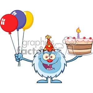 Happy Little Yeti Cartoon Mascot Character Wearing A Party Hat And Holding Balloons And A Birthday Cake Vector