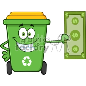 Smiling Green Recycle Bin Cartoon Mascot Character Holding A Dollar Bill Vector