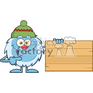 Cute Little Yeti Cartoon Mascot Character With Hat Pointing To A Wooden Blank Sign Vector