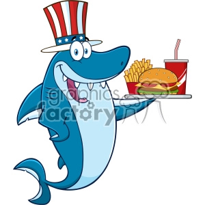 This clipart image features a cartoon character of a blue shark wearing a patriotic top hat styled with the American flag pattern. The shark has a wide, friendly smile and is holding a tray with fast food items including a hamburger, a serving of French fries, and a drink with a straw.