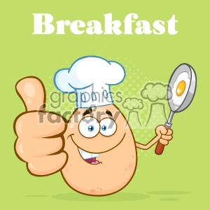 10967 Royalty Free RF Clipart Chef Egg Cartoon Mascot Character Showing Thumbs Up And Holding A Frying Pan With Food Vector With Green Halftone Background Breakfast