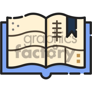 The clipart image depicts a stylized icon of an open book with a bookmark indicating a specific page. The image represents the concept of reading, gaining knowledge, and bookmarking important information for future reference.
