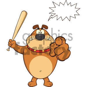Royalty Free RF Clipart Illustration Angry Brown Bulldog Cartoon Mascot Character Holding A Bat And Pointing Vector Illustration Isolated On White Background With Speech Bubble