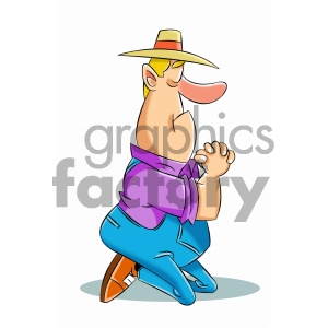 The clipart image depicts a cartoon farmer who is praying for rain. The farmer appears to be a mascot or a funny character, and he is dressed in typical farming attire. The image suggests that there is a drought on the farm and the farmer is seeking divine intervention for rainfall to help his crops grow.

