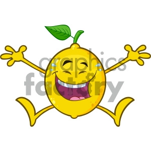 Royalty Free RF Clipart Illustration Laughing Yellow Lemon Fresh Fruit With Green Leaf Cartoon Mascot Character Jumping Vector Illustration Isolated On White Background