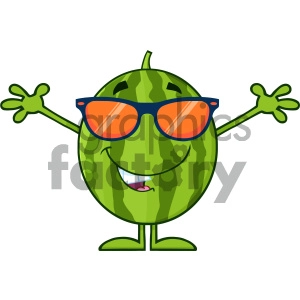 Royalty Free RF Clipart Illustration Smiling Green Watermelon Fresh Fruit Cartoon Mascot Character With Sunglasses And Open Arms Vector Illustration Isolated On White Background