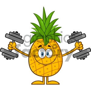 Royalty Free RF Clipart Illustration Smiling Pineapple Fruit With Green Leafs Cartoon Mascot Character Training With Dumbbells Vector Illustration Isolated On White Background