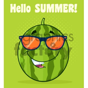 Royalty Free RF Clipart Illustration Smiling Green Watermelon Fruit Cartoon Mascot Character With Sunglasses Vector Illustration With Halftone Background And Text Hello Summer