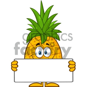 Royalty Free RF Clipart Illustration Smiling Pineapple Fruit With Green Leafs Cartoon Mascot Character Holding A Blank Sign Vector Illustration Isolated On White Background