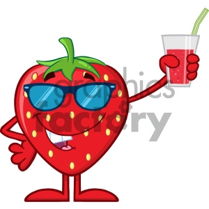 Royalty Free RF Clipart Illustration Strawberry Fruit Cartoon Mascot Character With Sunglasses Holding Up A Glass Of Juice Vector Illustration Isolated On White Background