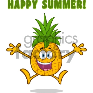 Happy Pineapple Fruit With Green Leafs Cartoon Mascot Character With Open Arms Jumping With Text Happy Summer