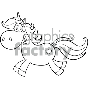 Clipart Illustration Black And White Cute Magic Unicorn Cartoon Mascot Character Running Vector Illustration Isolated On White Background