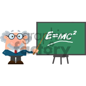 Professor Or Scientist Cartoon Character With Pointer Presenting Einstein Formula Vector Illustration Flat Design Isolated On White Background