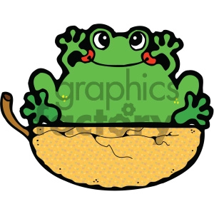 The image features a cartoon illustration of a green frog sitting inside what looks like the half shell of an acorn or a similar type of seed. The frog has large eyes, a friendly appearance, and its hands and feet are spread out over the edge of the acorn shell. The shell is yellow with speckled dots, and it's cracked on the top side, suggesting that it has been opened for the frog to sit inside.