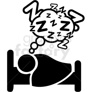 The clipart image depicts a person lying down in bed with closed eyes, indicating that they are asleep or sleeping. The image also includes a thought bubble above the person's head, with the letters 