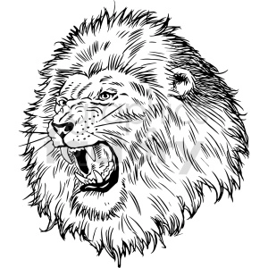 The image is a black and white clipart of a lion's head. The lion appears to be roaring or growling, showcasing its open mouth and pointed teeth, with a full mane that is noticeable around its head.