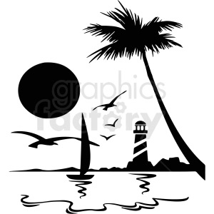 The clipart image shows a black and white silhouette of an island with a palm tree and a lighthouse. The palm tree is located on the left side of the image, and the lighthouse is on the right side. The island is depicted as a small land mass surrounded by water. The overall image has a simple and minimalist style.
