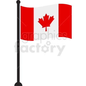 This clipart image features the national flag of Canada, commonly known as the Maple Leaf or l'Unifolié in French. It has a vertical triband of red (hoist and fly side) and white with the red maple leaf centered in the white band. The flag is shown on a black flagpole, slightly waving or fluttering.