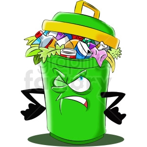 The clipart image shows a cartoon character of a full trash can or garbage bin. The garbage bin is overflowing with garbage, and it has arms, legs, and a face, giving it a personified appearance.
