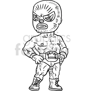 The clipart image shows a black and white vector graphic of a Mexican wrestler wearing a mask. The wrestler is depicted in a fighting stance, ready to fight.
