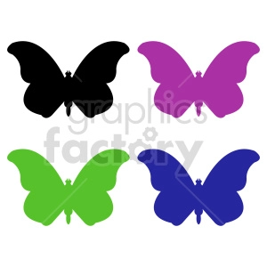 The image contains four stylized clipart representations of butterflies. Each butterfly has a simple and symmetrical design. The butterflies are in four different colors: black, purple, green, and blue. They are arranged in two rows, with two butterflies per row. The top row contains the black and purple butterflies, while the bottom row has the green and blue ones.