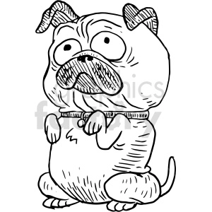 The image shows a black and white clipart of a pug dog. The dog is sitting up on its hind legs, in a begging pose with its front paws raised slightly. The pug has a classic wrinkled face with big, round eyes, and its ears are perked up.