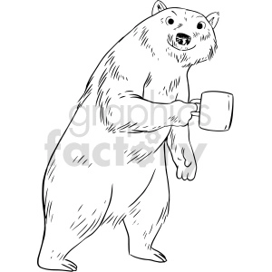 The clipart image shows a black and white drawing of a bear holding a coffee mug. The bear is standing on two legs.

