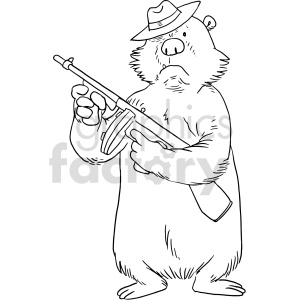 The clipart image depicts a cartoon-style bear dressed as a mobster or gangster, carrying a machine gun in one hand and sporting various tattoos on his body. The image is black and white, with shading used to add depth and texture to the bear's fur and clothing. The overall style is reminiscent of old-school comic books or gangster movies.
