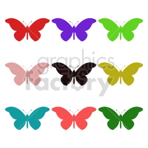 The image shows nine clipart butterflies. They are arranged in three rows and three columns, with each butterfly featuring a different solid color. The colors include red, purple, green, pink, black, yellow, teal, lighter red, and darker green. Each butterfly is depicted with its wings spread, and the design is symmetrical, representing the typical shape and pattern of butterfly wings.