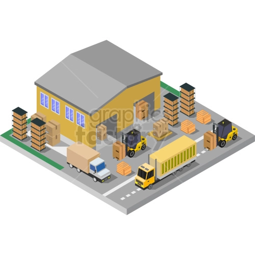 The clipart image shows an isometric view of a busy industrial warehouse complex with several buildings, including factories, warehouses, and storage facilities. The image portrays the bustling activity of workers and vehicles moving around the premises, indicating a high level of productivity in the manufacturing and distribution processes.
