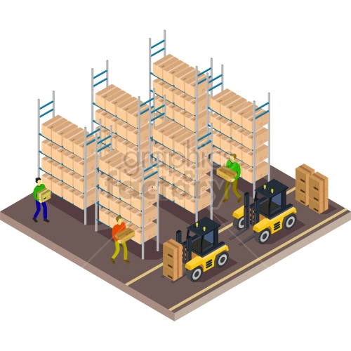 The clipart image shows an isometric view of the inside of a warehouse with multiple shelves. It depicts stacked boxes, pallets, and equipment typically found in a warehouse setting. The image may be used for purposes such as illustrating logistics and supply chain management concepts.
