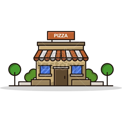 The clipart image shows a vector graphic of a pizza shop, which is a business establishment that sells pizzas. The storefront has a red and white striped awning with the words 