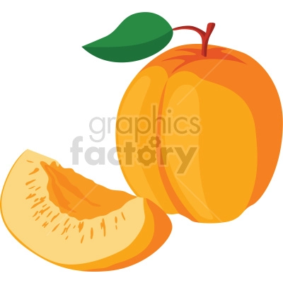 The clipart image shows a vector illustration of an apricot fruit. The fruit is depicted with its smooth skin in shades of orange, yellow and red, and with a green stem on top. The image does not show a peach.
