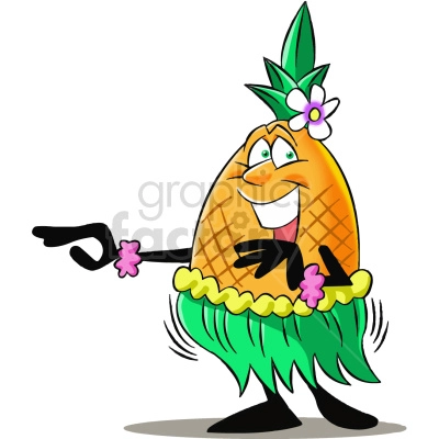 The clipart image shows a cartoon pineapple wearing a grass skirt and a flower necklace, while holding two maracas and dancing the hula, which is a traditional Hawaiian dance. The image portrays the concept of a fun and festive atmosphere that is often associated with Hawaii and its culture.

