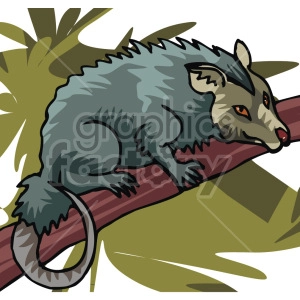 The clipart image shows a possum perched on a tree branch. The possum is facing right, and its tail hangs down from the branch. The possum has gray fur, white ears, and orange eyes. 