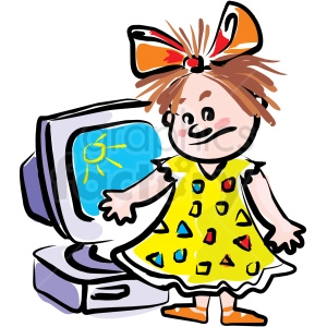 The image is a colorful clipart illustration that depicts a girl interacting with a desktop computer. The girl has a large bow in her hair and is dressed in a patterned dress. The computer monitor is displaying a simple drawing of a bright sun.