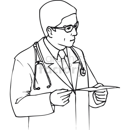 doctor reviewing medical chart black white