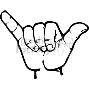 This clipart image features a hand making the 'Y' sign in American Sign Language (ASL). The hand has the thumb and pinkie finger extended, with the middle three fingers folded down to the palm.