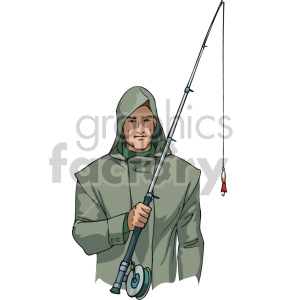 The clipart image depicts a man dressed in a green hooded jacket, holding a fishing pole with a fishing line and lure attached at the end. The man seems to be ready for fishing, suggesting an outdoor or sporting activity.