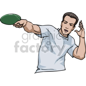 The clipart image depicts a man playing table tennis (also known as ping pong). He is holding a paddle in his extended arm, preparing to hit a ball, and appears to be focused on the game. The man is wearing a short-sleeved shirt and seems to be in an active posture suggesting movement.