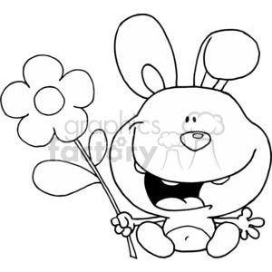 The clipart image displays a funny bunny character holding a large flower. The bunny has oversized front teeth, circular cheeks, and elongated ears, adding to its comedic appearance. It seems to be in a cheerful pose, with one hand presenting the flower, which creates a cute and whimsical atmosphere. The image is in black and white, appropriate for coloring activities or simple graphic use.
